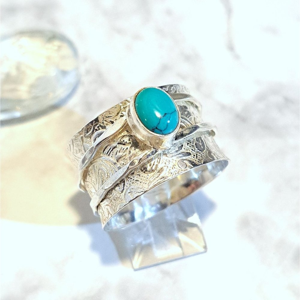 Natural Turquoise Steering Silver Meditation Fidget Spinner Ring - Picture 3 of 13